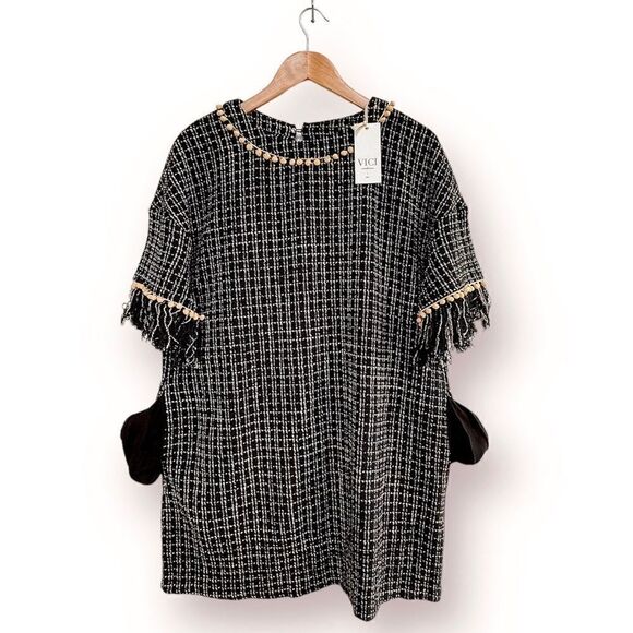 NWT VICI Marleen Tweed Pom Pom Tunic Dress Short Sleeves Side Pockets - Picture 10 of 14